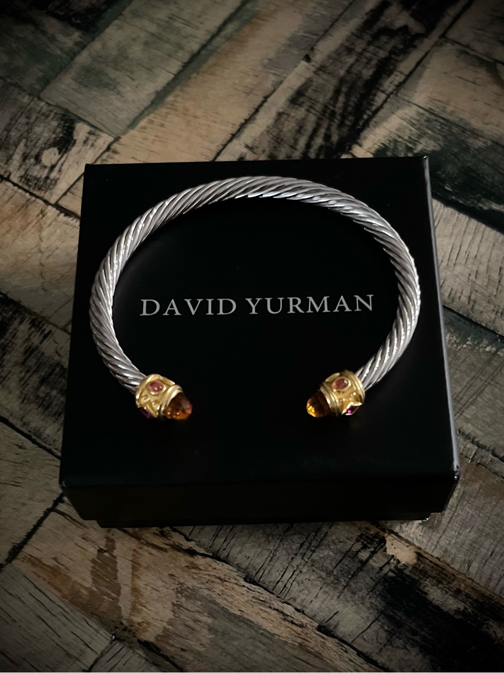 David Yurman Silver Cable Bracelet with Gold tone and Amber Accents
